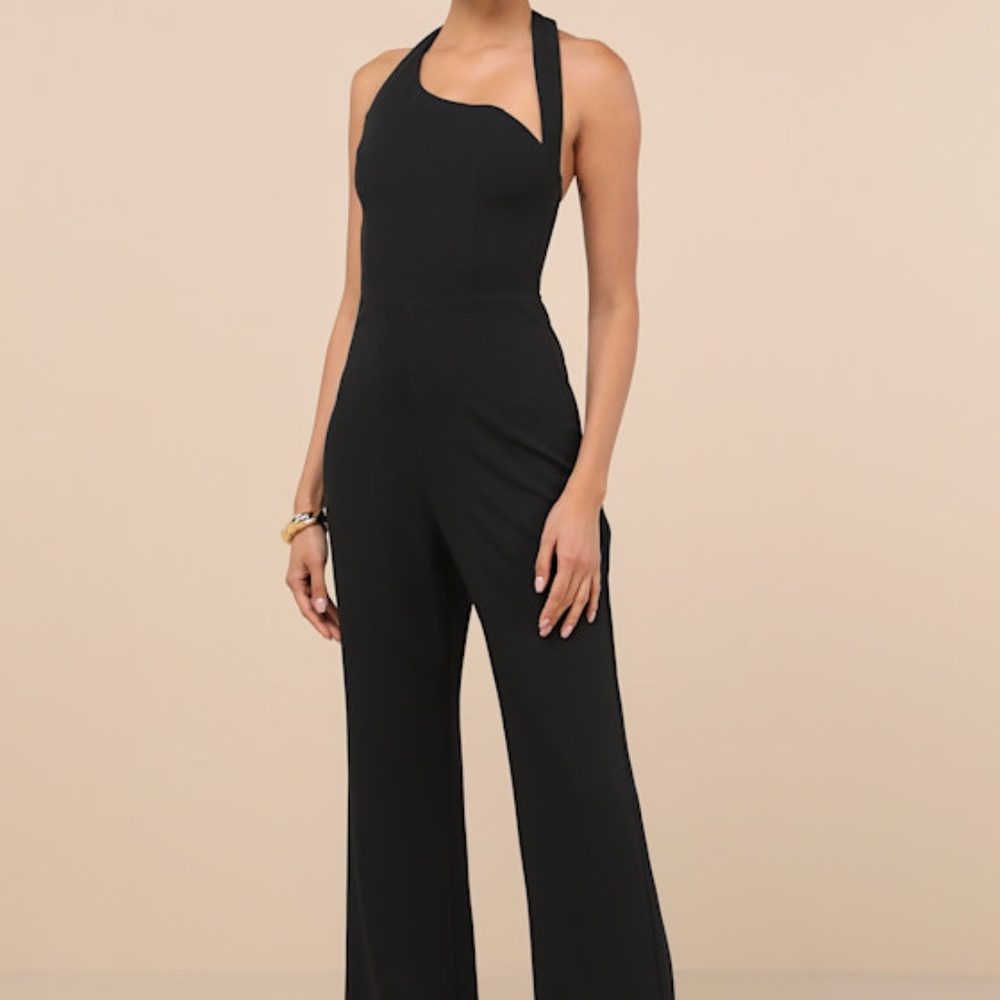 Lulus Flirty Outing Black Asymmetrical Halter Jumpsuit - Size L